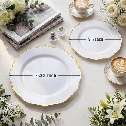 60pcs White and Gold Plastic Plates