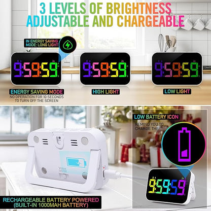 TXL Kitchen Timer for Cooking, Rechargeable Digital Magnetic Timer with Large LED Display, Loud Alarm, Sound Countdown, 4 Volume Levels and 3 Brightness for Classroom, Study (RGB)