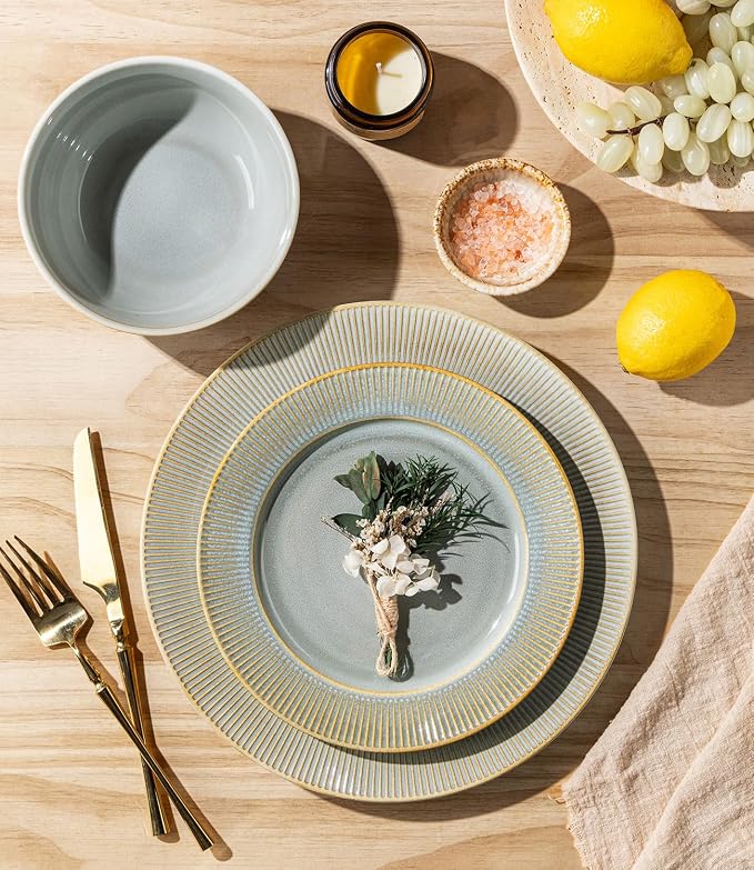 Ceramic Dinnerware Set for 4, 12-Piece Plates and Bowls Set | Lightweight