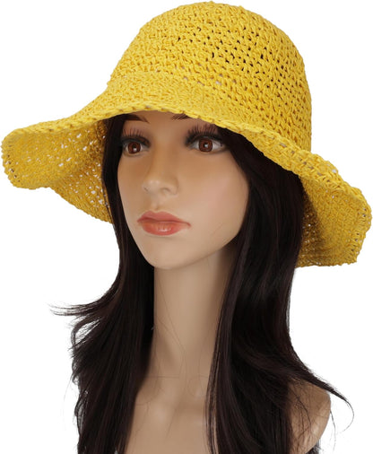 Womens Wide Brim Straw Sun Hat Foldable Floppy Crochet Beach Hat for Summer