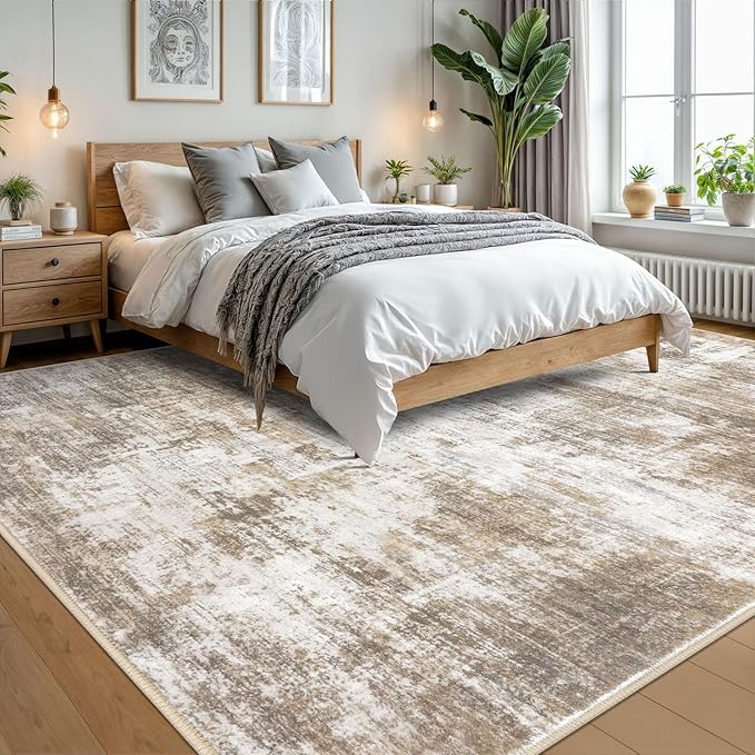 IOHOUZE Abstract Area Rugs 9x12 Ft Washable Large Rugs for Living Room, Non Slip Dining Room Rug, Printed Faux Wool Rugs for Bedroom, Floor Carpet for Office Nursery Playroom, Beige Brown