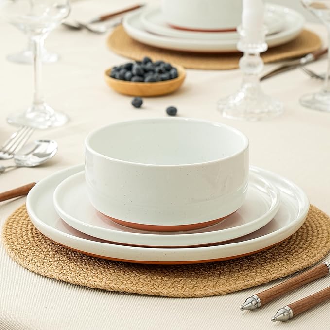 24 Piece Dinnerware Sets for 8, Dual Glaze Stoneware Plates and Bowls Set, Microwave and Dishwasher Safe, Stardust Glaze White