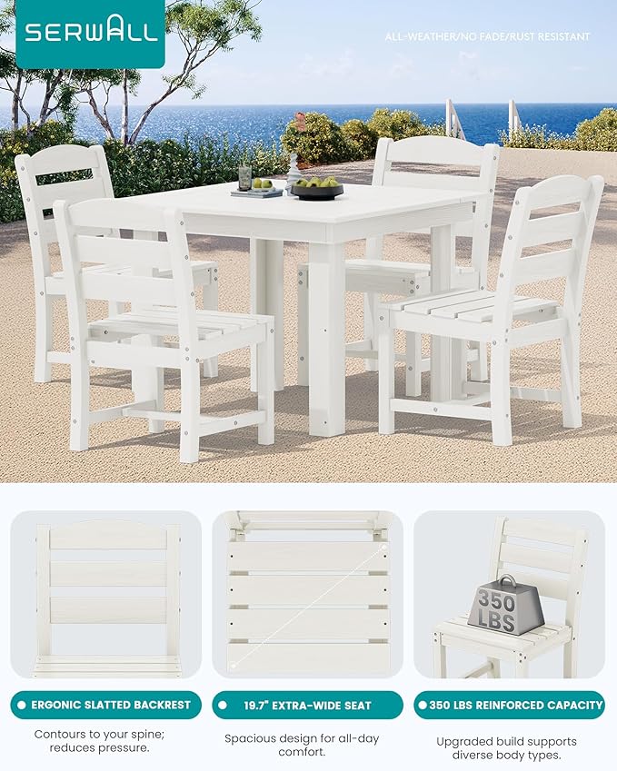 SERWALL Outdoor Dining Set for 4, HDPE Square Table and Chairs Set All Weather