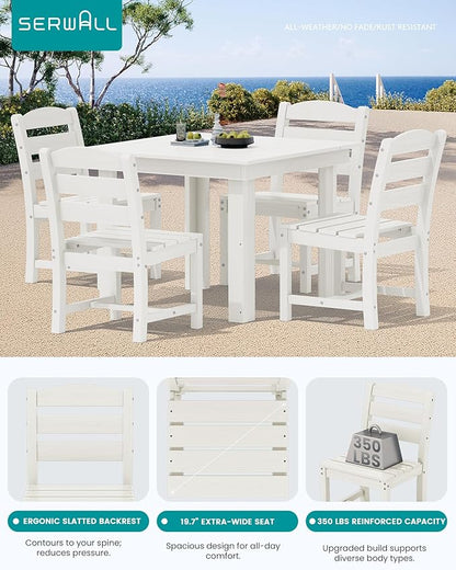 SERWALL Outdoor Dining Set for 4, HDPE Square Table and Chairs Set All Weather