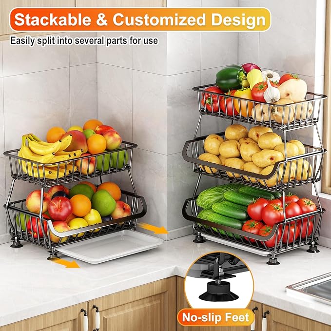 Miyawell 3-Tier Rolling Pantry Cart with Wheels, Stackable Wire Storage Floor Organizer for Kitchen Pantry Snack Shelves, Fruit Basket Stand, Vegetable Storage Rack for Food Snacks Onion Potato
