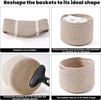 Small Storage Baskets for Organizing, Organizer Baskets for Shelves, Small Woven Basket for Storage, Cute Cotton Rope Basket for Gifts Empty, 9.7"×9.7"×7" (3 Packs) Brown