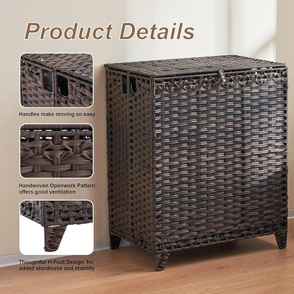 Laundry Hamper with Lid, 190L Large Laundry Basket 3 Section with 6 Removable Liner Bags & 3 Mesh Laundry Bags, Handwoven Rattan Clothes Hamper with Heightened Feet, No Install Needed, Brown