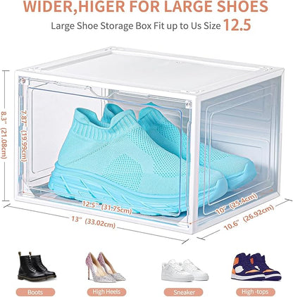 12 Pack White Shoe Boxes Stackable,Large Shoe Storage Organizer with Magnetic Door,Drop Side Shoe Containers for Entryway,Sneaker Storage Fit up to US Size 12 for Men/Women(13’’x10.62”x8.26”