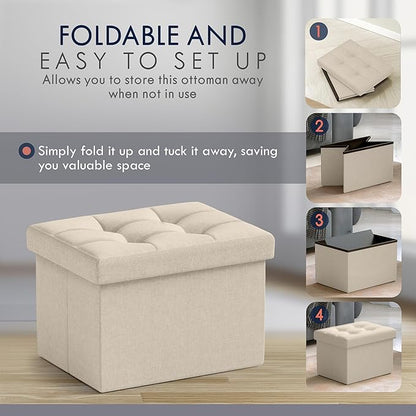 Ornavo Home Small Storage Ottoman, Set of 2, Foldable Collapsible Rectangle Linen Ottoman Foot Rest Stool Seat, for Living Room, Bedroom, Home Office, Dorm - 12 x 16 x 12, Beige