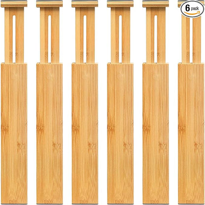 VaeFae Adjustable Bamboo Drawer Dividers, Expandable Drawer Organizer for Kitchen, Bedroom, Bathroom, Dresser and Office, 6-Pack
