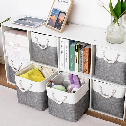 11 x 11 Inch Storage Cubes, 6 Pack Large Collapsible Fabric Storage Bin with Ropes, Foldable Storage Cubes for Home, Office,Closet, Clothes, Toys Organizer (White&Gray)