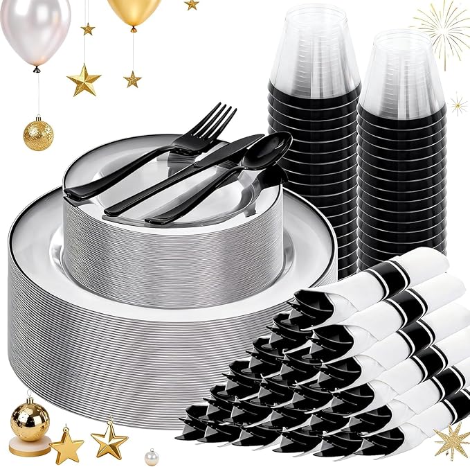 SUT 175 Pcs Black and Clear Plastic Dinnerware Set