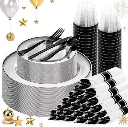 SUT 175 Pcs Black and Clear Plastic Dinnerware Set