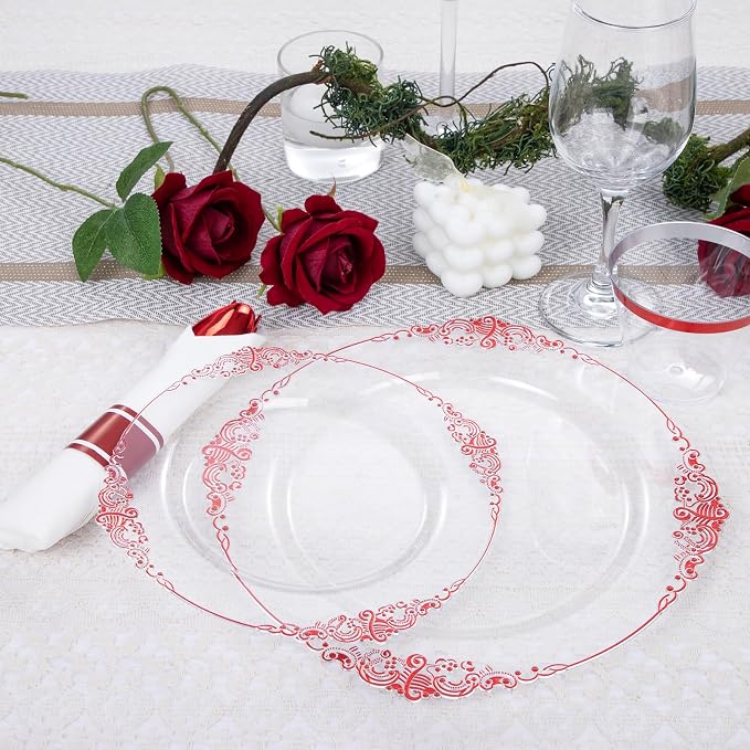 175 Pcs Clear Red Plates for Party | Red Party Plates Set for 25 Guests