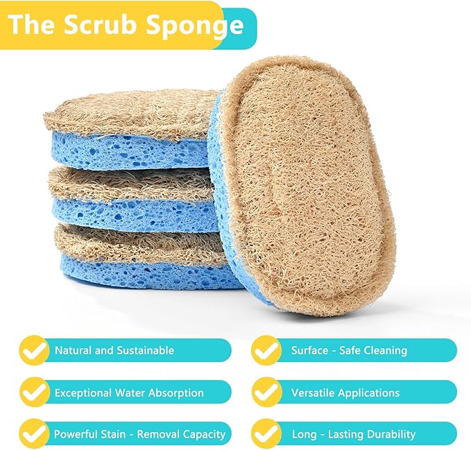 Natural Scrub Sponges Kitchen, Dual-Sided Loofah Dish Sponge - Plastic-Free, Scrubbing Power Without Scratching - 4 Pack Blue