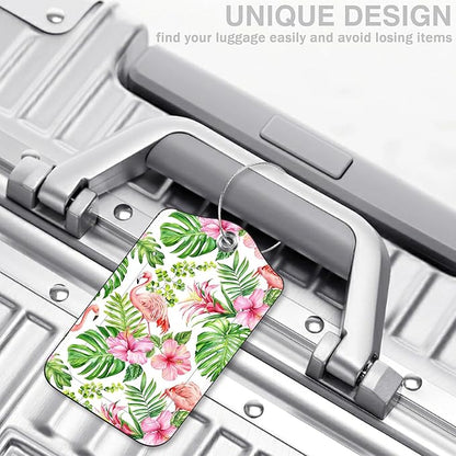 2 Pcs Pink Flamingo Luggage Tags for Suitcases Tropical Flowers and Palm Leaves PU Leather Baggage Tags Name ID Label with Privacy Cover and Stainless Steel Loop for Men Women Travel Bag Suitcase