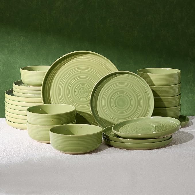 Dinnerware Sest for 8, Ceramic Plates & Bowls, Olive Green | 24-Piece Ceramic