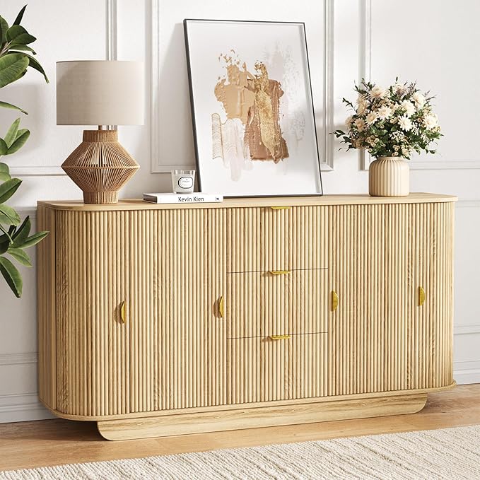63" Tambour Dresser for Bedroom with 3 Drawers, Modern Chest of Drawers with Sliding Doors & 8 Shelves, Fluted Dresser Storage Organizer for Bedroom, Closet, Living Room(Natural)