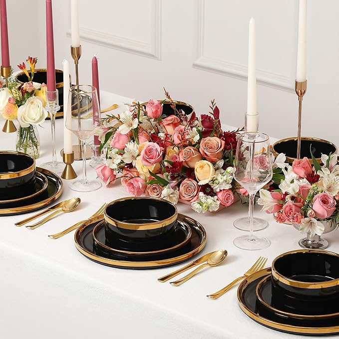Christian Siriano Solene Stoneware Dinnerware, 12-Piece Plates and Bowls Set, Dish Set for 4, Black with Gold Rim, Glossy Finish, Hand Wash Only