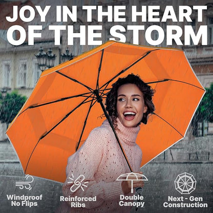 Royal Walk Windproof Folding Travel Umbrella Compact and Strong Luxurious Real Wood Handle Automatic Open Close Vented Double Canopy for Men and Women