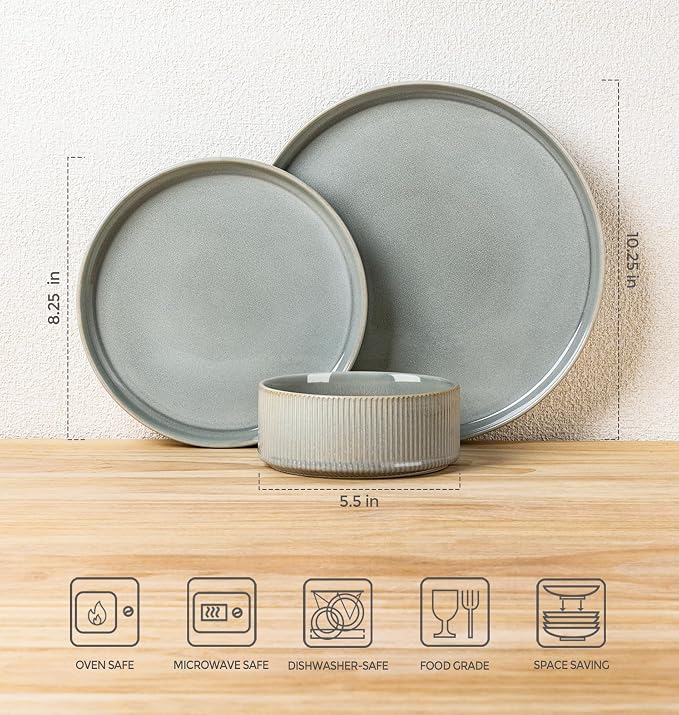 Ceramic Dinnerware Set for 6, 18-Piece Plates and Bowls Set | Lightweight
