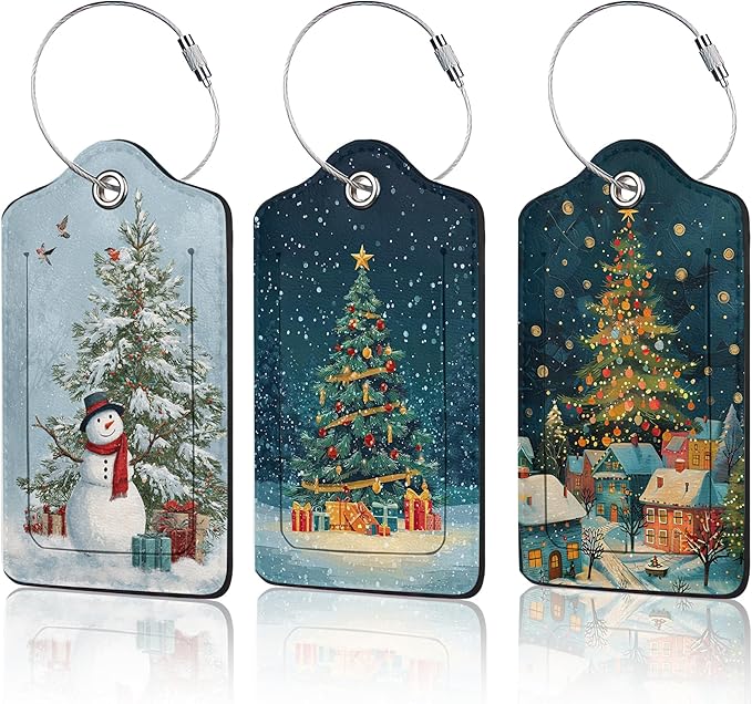 Merry Christmas 3 Pack PU Leahter Luggage Tag with Stainless Steel Loop,Christmas Tree Travel Suitcase Labels with Privacy Cover ID Label Quickly Spot for Bags