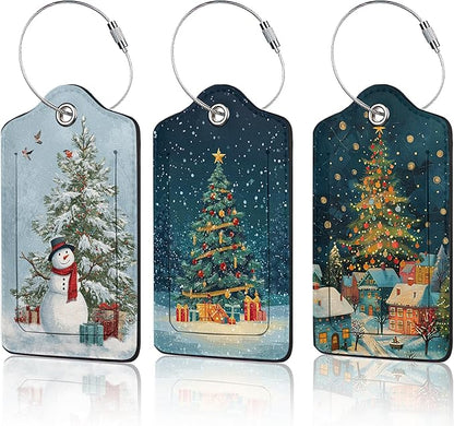 Merry Christmas 3 Pack PU Leahter Luggage Tag with Stainless Steel Loop,Christmas Tree Travel Suitcase Labels with Privacy Cover ID Label Quickly Spot for Bags