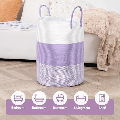 CLHMILY&Z 80L Laundry Basket Round Storage Rope Basket - 16.5x22.5 Inches - Lavender Hamper in Bedreoom and Cute Storage Bin for Blankets, Toys, and Nursery Essentials