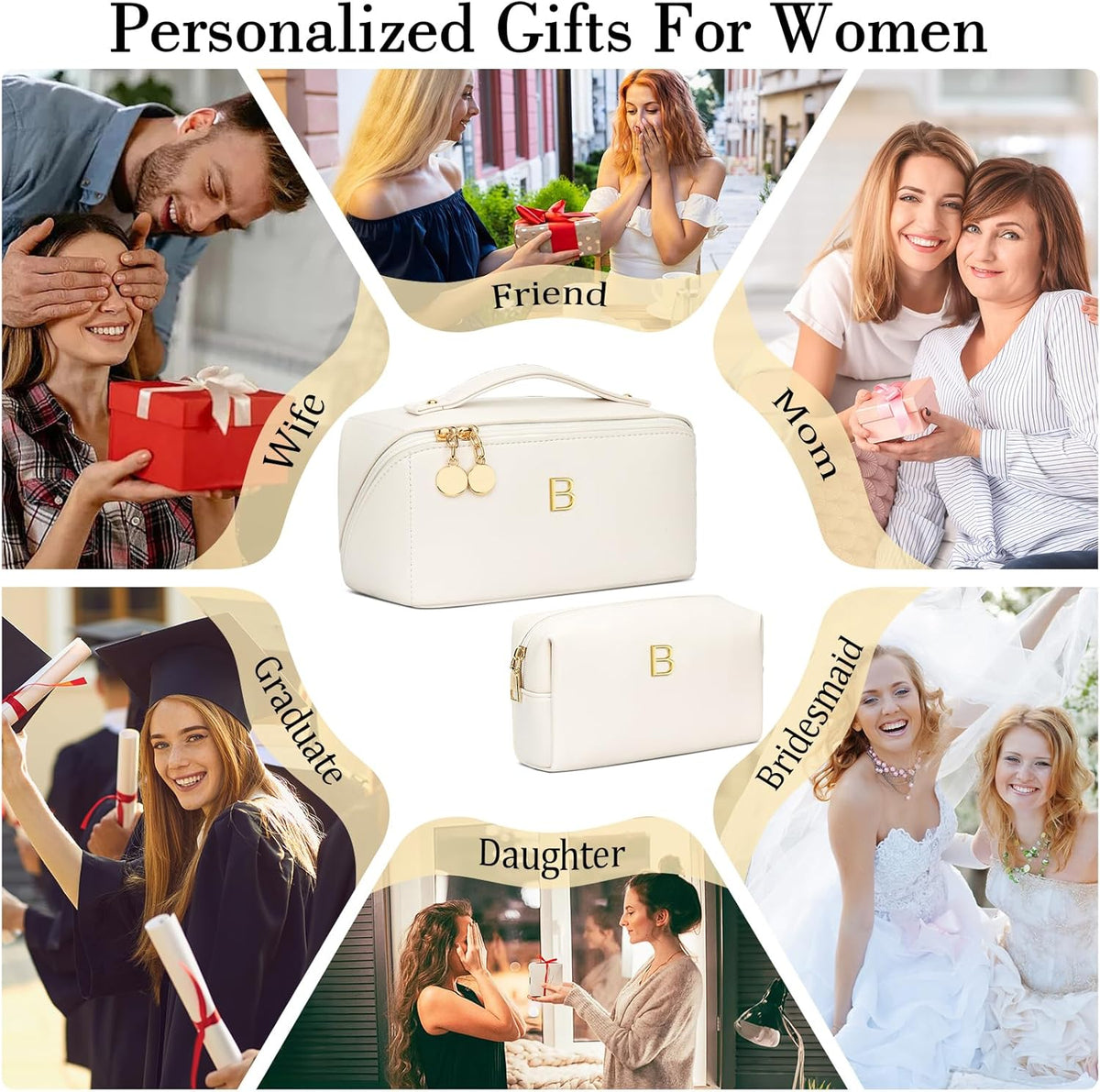 Birthday Gifts for Women Teen Girl, Personalized Initial Makeup Organizer Bag Set, Open Flat Travel Cosmetic Bag With Clear Divider and Handle(Beige,B)