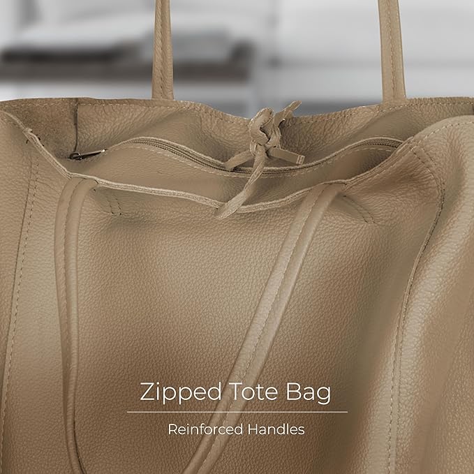 Italian Calf Leather Tote for Women with Zipper, Inner Pocket & Flat Base | Soft Unlined Shopper for Work & Travel