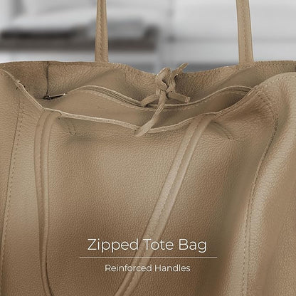 Italian Calf Leather Tote for Women with Zipper, Inner Pocket & Flat Base | Soft Unlined Shopper for Work & Travel