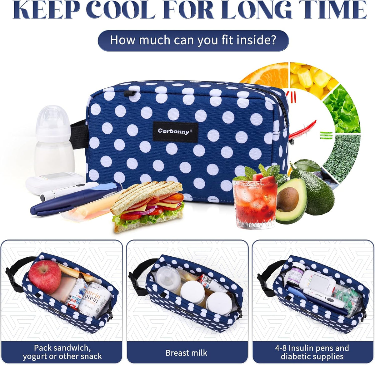 Cerbonny Small Cooler Bag Freezable Lunch Bag for Work School Travel,Small Lunch Bag,Small Insulated Bag For Adults/Kids,Freezer Lunch Bags,Mini Lunch Bag Fit For Yogurt（Blue with white dots）