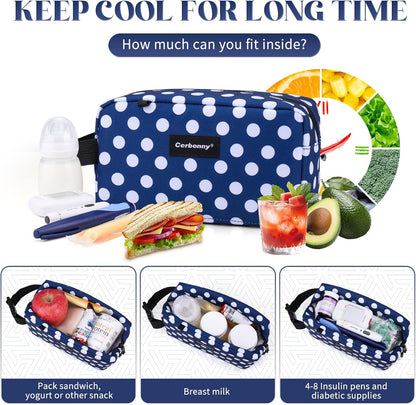 Cerbonny Small Cooler Bag Freezable Lunch Bag for Work School Travel,Small Lunch Bag,Small Insulated Bag For Adults/Kids,Freezer Lunch Bags,Mini Lunch Bag Fit For Yogurt（Blue with white dots）