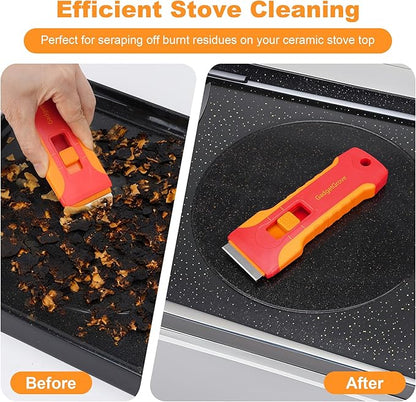 Upgraded Razor Blade Scraper with 10pcs Blades and 3Pcs small wire brushes,Scraper Tool for Cleaning Glass Window, Cooktop, Oven, Stove Scraper, Razor Scraper with Buit-In Blade Storage, Orange