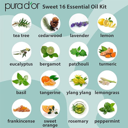 PURA D'OR Organic Sweet16 Essential Oils Set - 16x 10mL Wood Box Aromatherapy Gift Set - 100% Pure Therapeutic Grade for Relaxation and Wellness (Lavender, Rosemary, Turmeric, Ylang Ylang & More)