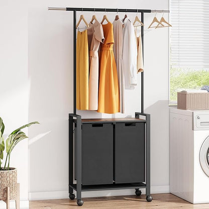 Laundry Sorter 2 Section Laundry Hamper Sorter with Clothes Hanging Rod and Wooden Storage Shelf 2 X 13gal Laundry Basket Organizer for Laundry Room Organization Storage Baskets, Black