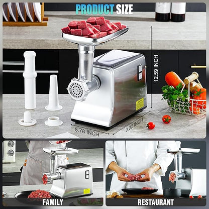 5.0 Upgrade Electric Meat Grinder【NO.1 Germany 3500W Super Motor】【SGS Certified SUS304 Blade & Plate】3-Second Fast Meat Grinding, Perfect For Meat Grinders For Home Use (SILVER)