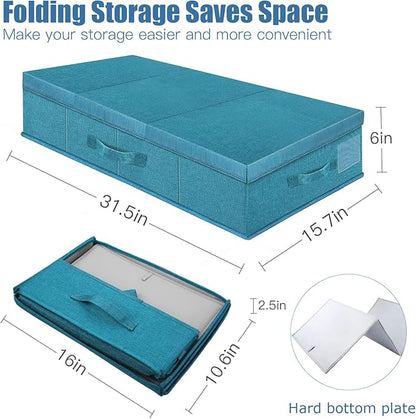 Underbed Storage Containers Bin with Lids (2pcs) Large Under Bed Storage Organizer Box with Handle, Foldable Under the Storage Bags for Organizing Clothes, Shoes, Blankets, Pillows-Cyan blue