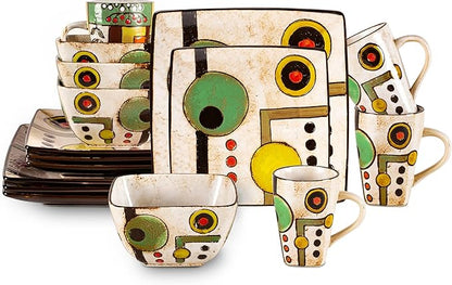 16pc Dinnerware Set, Stoneware Artisan Hand Painted Impressionism Pond, Reactive Glaze