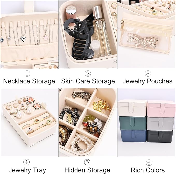 2 Layer Portable Jewelry Box, Large Jewelry Travel Case with 4 Jewelry Pouches, Medium Size Jewelry Organizer Box for Earrings, Necklaces, Bracelets (beige)