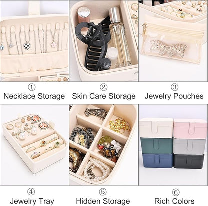 2 Layer Portable Jewelry Box, Large Jewelry Travel Case with 4 Jewelry Pouches, Medium Size Jewelry Organizer Box for Earrings, Necklaces, Bracelets (beige)