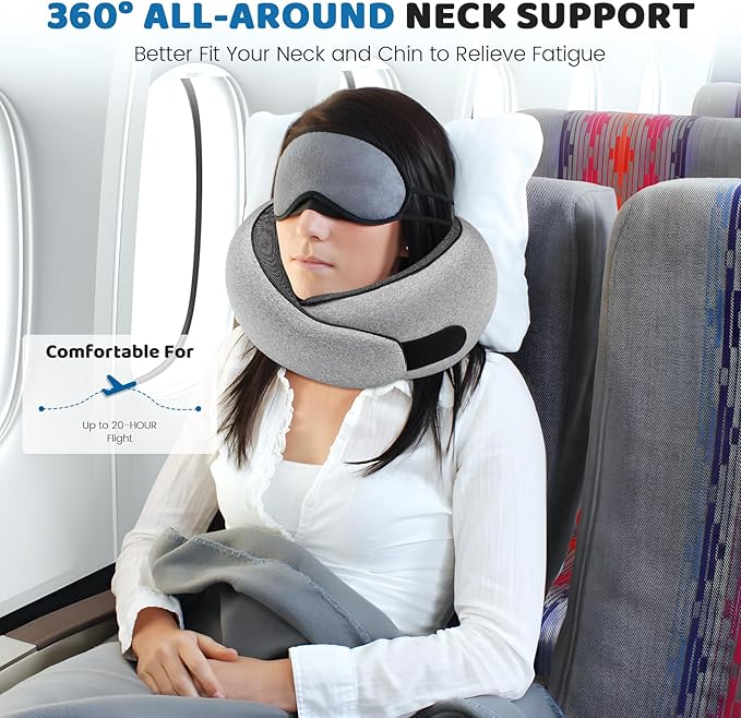 Neck Pillow Airplane,100% Pure Memory FoamTravel Neck Pillow Travel Neck Support Ergonomic &Portable Design Best for Sleeping Plane Car Train Office Flight (Small Grey)