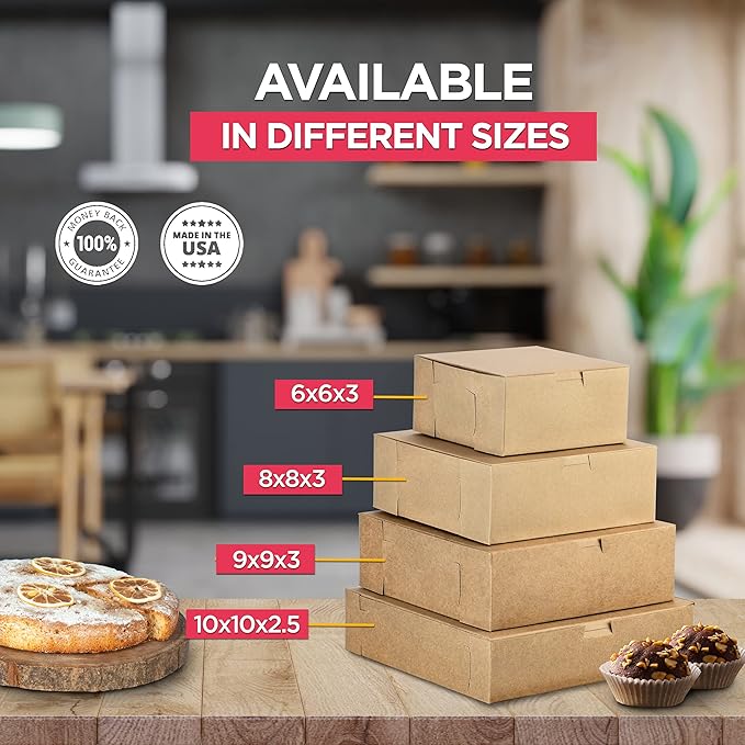 Fit Meal Prep 25 Pack Kraft Bakery Boxes, 9 x 9 x 3 Inches Brown Pastry Boxes, Cardboard Treat Boxes Pie Boxes Cookie Boxes Dessert Boxes for Cupcakes, Chocolates, Donuts, Macarons