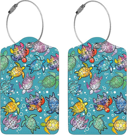 2 Pcs Luggage Tags for Suitcase, Cute Unique PU Leather Travel Bag Tag with Privacy Cover ID Label Address Card and Durable Metal Ring Suitable for Men Women Children Backpack,Gradient Color Turtle