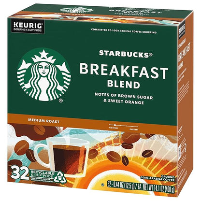 Starbucks Coffee K-Cup Pods, Breakfast Blend, Medium Roast Coffee, Notes of Brown Sugar & Sweet Orange, Keurig Genuine K-Cup Pods, 32 CT K-Cups/Box (32 Count (Pack of 2))