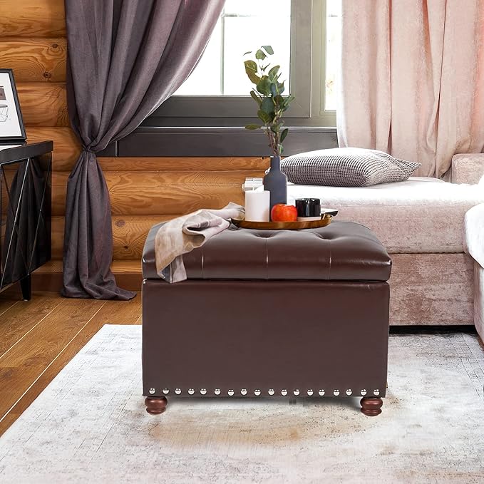 Leather Storage Ottoman Bench Foot Rest Stool with Nailhead Trim (Dark Brown - Button Tufted Leather)