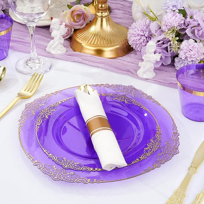 Bestluck 350PCS Purple Disposable Dinnerware