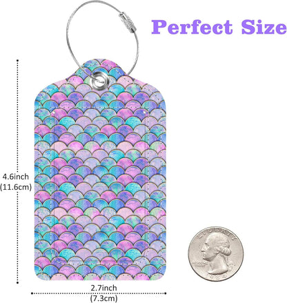 2 Pack Luggage Tags for Suitcase Watercolor Mermaid Fish Scale Wave Leather Stainless Steel Loop Label Tags for Women Men Travel Bag Suitcase with Privacy Cover Name ID Card