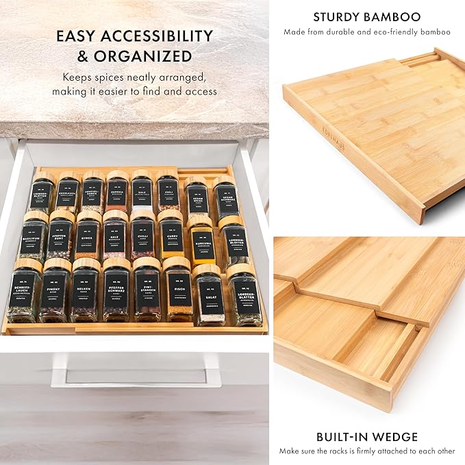 Bamboo Spice Drawer Organizer - Expandable 4 Tier Spice Rack (Need 3" Deep Drawer) 12" to 24" Wide, Seasoning Organizer, Organization Seasoning Rack insert (Jars Not Included)