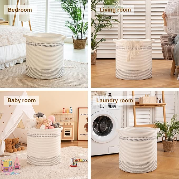 OIAHOMY 80L Laundry Basket, Laundry Hamper, Cotton Rope Storage Basket with Handles, Decorative Woven Basket for Living Room,Storage Baskets for Clothes, Blankets, and Toys -20''×18'', White&Gray